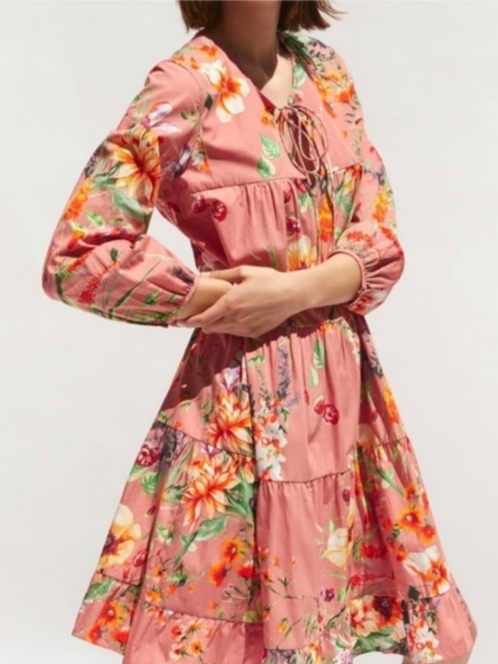 ZARA Floral Print Poplin Loose-Fitting Long Sleeve Dress size Small